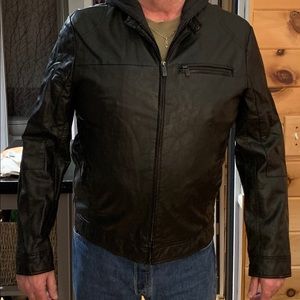 Kenneth Cole Faux leather jacket with fleece hood.